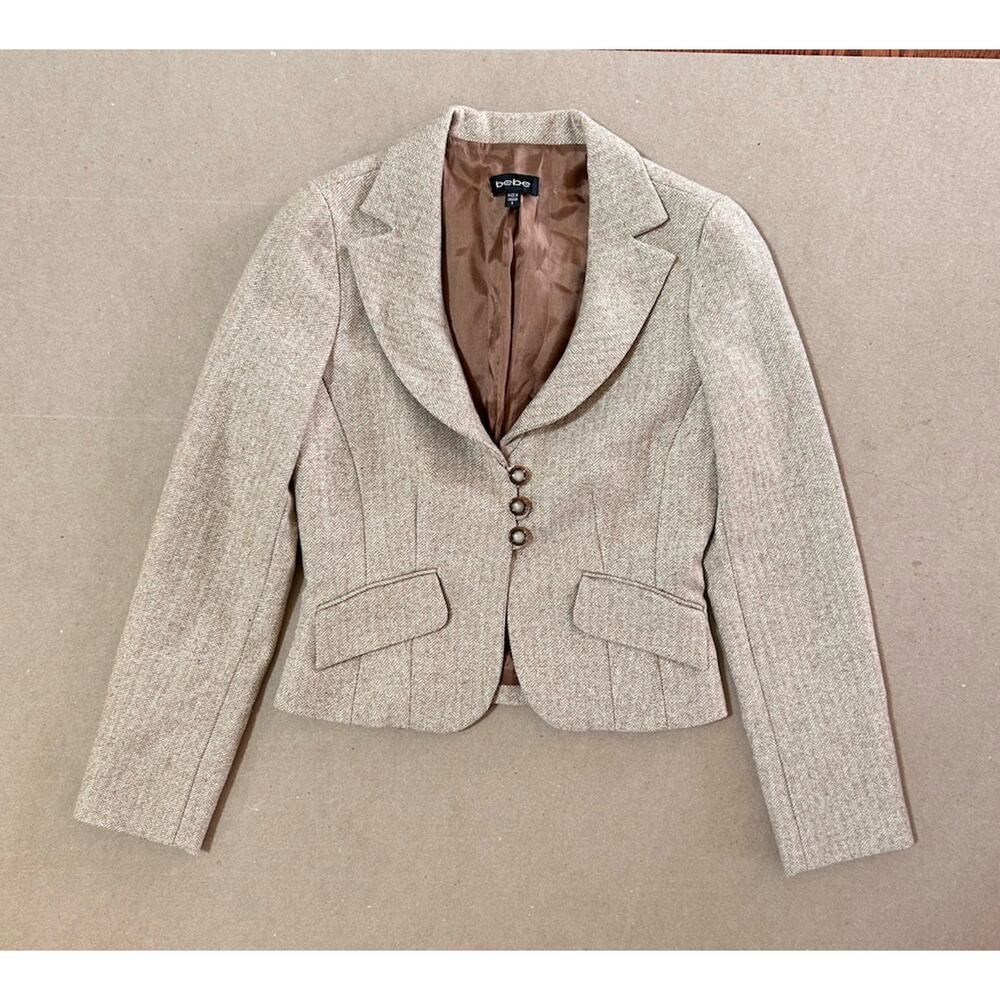 Vintage Bebe Tan Wool Blend Blazer Jacket Herringbone Women’s 6 Y2K Preppy - Picture 2 of 7